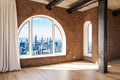 empty luxurious loft apartment with arched window and panoramic view over urban downtown noble interior design mock up with white Royalty Free Stock Photo