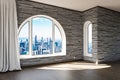 empty luxurious loft apartment with arched window and panoramic view over urban downtown noble interior design mock up with white Royalty Free Stock Photo