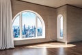 empty luxurious loft apartment with arched window and panoramic view over urban downtown noble interior design mock up with white Royalty Free Stock Photo