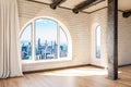 empty luxurious loft apartment with arched window and panoramic view over urban downtown noble interior design mock up with white Royalty Free Stock Photo