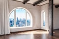 empty luxurious loft apartment with arched window and panoramic view over urban downtown noble interior design mock up with white Royalty Free Stock Photo