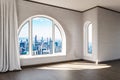 empty luxurious loft apartment with arched window and panoramic view over urban downtown noble interior design mock up with white Royalty Free Stock Photo