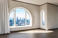 empty luxurious loft apartment with arched window and panoramic view over urban downtown noble interior design mock up with white Royalty Free Stock Photo