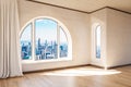 empty luxurious loft apartment with arched window and panoramic view over urban downtown noble interior design mock up with white Royalty Free Stock Photo