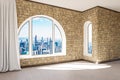 empty luxurious loft apartment with arched window and panoramic view over urban downtown noble interior design mock up with white Royalty Free Stock Photo