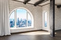 empty luxurious loft apartment with arched window and panoramic view over urban downtown noble interior design mock up with white Royalty Free Stock Photo