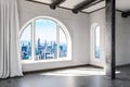 empty luxurious loft apartment with arched window and panoramic view over urban downtown noble interior design mock up with white Royalty Free Stock Photo