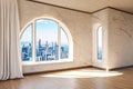 empty luxurious loft apartment with arched window and panoramic view over urban downtown noble interior design mock up with white Royalty Free Stock Photo