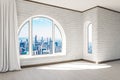 empty luxurious loft apartment with arched window and panoramic view over urban downtown noble interior design mock up with white Royalty Free Stock Photo