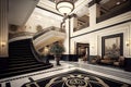 empty luxury hotel lobby with art deco decor and grand staircase, perfect for film shoot Royalty Free Stock Photo