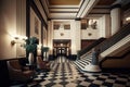 empty luxury hotel lobby with art deco decor and grand staircase, perfect for film shoot Royalty Free Stock Photo