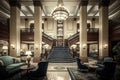 empty luxury hotel lobby with glittering chandeliers, plush seating, and grand staircase Royalty Free Stock Photo