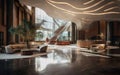 Empty luxury hotel lobby, with sleek modern design and chic decor. Elegant expensive materials like marble, metal, stone. AI Royalty Free Stock Photo