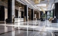 Empty luxury hotel lobby, with sleek modern design and chic decor. Elegant expensive materials like marble, metal, stone. AI Royalty Free Stock Photo