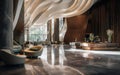 Empty luxury hotel lobby, with sleek modern design and chic decor. Elegant expensive materials like marble, metal, stone. AI Royalty Free Stock Photo