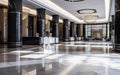 Empty luxury hotel lobby, with sleek modern design and chic decor. Elegant expensive materials like marble, metal, stone. AI Royalty Free Stock Photo