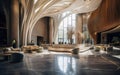Empty luxury hotel lobby, with sleek modern design and chic decor. Elegant expensive materials like marble, metal, stone. AI Royalty Free Stock Photo