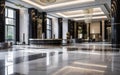 Empty luxury hotel lobby, with sleek modern design and chic decor. Elegant expensive materials like marble, metal, stone. AI Royalty Free Stock Photo