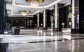 Empty luxury hotel lobby, with sleek modern design and chic decor. Elegant expensive materials like marble, metal, stone. AI Royalty Free Stock Photo