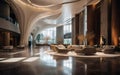 Empty luxury hotel lobby, with sleek modern design and chic decor. Elegant expensive materials like marble, metal, stone. AI Royalty Free Stock Photo