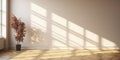 Empty luxury room with beige white wall in dappled sunlight from window tree leaf shadow on wood chevron parquet for luxury