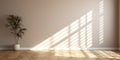 Empty luxury room with beige white wall in dappled sunlight from window tree leaf shadow on wood chevron parquet for luxury