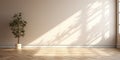 Empty luxury room with beige white wall in dappled sunlight from window tree leaf shadow on wood chevron parquet for luxury