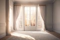 Empty luxury white wainscot wall room, folding glass panel door to backyard,shadow for interior decoration