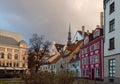 Empty LÃÂ«vu Square in the Old Town of Riga with beautiful clouds in the sky over it