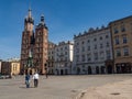 Almost empty Main Square in Krakow during coronavirus covid-19 pandemic. View over Wislna street