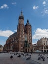 Almost empty Main Square in Krakow during coronavirus covid-19 pandemic.  View over Wislna street Royalty Free Stock Photo