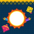 Empty Mandala Frame With Colorful Kites, String Spools Decorated On Blue And Yellow Floral Pattern Background For Makar Sankranti