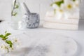 Empty marble board for product display with blurred bathroom interior background. Spa and body care Royalty Free Stock Photo