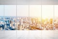 Empty marble floor and window with panoramic city skyline of Tokyo, Japan for mock up Royalty Free Stock Photo