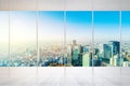 Empty marble floor and window with panoramic city skyline of Tokyo, Japan for mock up Royalty Free Stock Photo