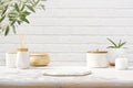 Empty marble podium on bathroom table before white brick wall Royalty Free Stock Photo