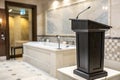 Empty marble podium in blurred bathroom Royalty Free Stock Photo