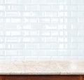 Empty marble table and ceramic tile brick wall in background. pr