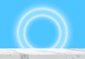 Empty marble table with circle lights in blue background product backdrop Royalty Free Stock Photo