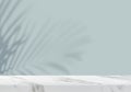 Empty marble table with leaves shadow pale blue product backdrop Royalty Free Stock Photo