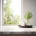 Empty marble table top for product display with blurred bathroom interior background. White bathroom interior Royalty Free Stock Photo