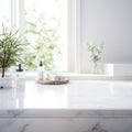 Empty marble table top for product display with blurred bathroom interior background. White bathroom interior Royalty Free Stock Photo