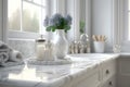 Empty Marble Table Top in White Bathroom Interior for Product Display with Blurred Background, Generative AI Royalty Free Stock Photo