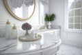 Empty Marble Table Top in White Bathroom Interior for Product Display with Blurred Background, Generative AI Royalty Free Stock Photo