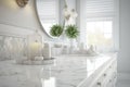 Empty Marble Table Top in White Bathroom Interior for Product Display with Blurred Background, Generative AI Royalty Free Stock Photo