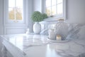 Empty Marble Table Top in White Bathroom Interior for Product Display with Blurred Background, Generative AI Royalty Free Stock Photo