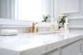 Empty Marble Table Top in White Bathroom SPA Interior for Product Display with Blurred Background, Generative AI Royalty Free Stock Photo