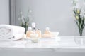 Empty Marble Table Top in White Bathroom SPA Interior for Product Display with Blurred Background, Generative AI Royalty Free Stock Photo