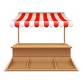 Empty market stall. Wooden kiosk, street grocery stand with striped awning and counter desk template