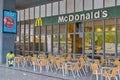 04.08.2023. Barcelona, Spain, empty McDonald's tables outside the Barcelona Sants train station